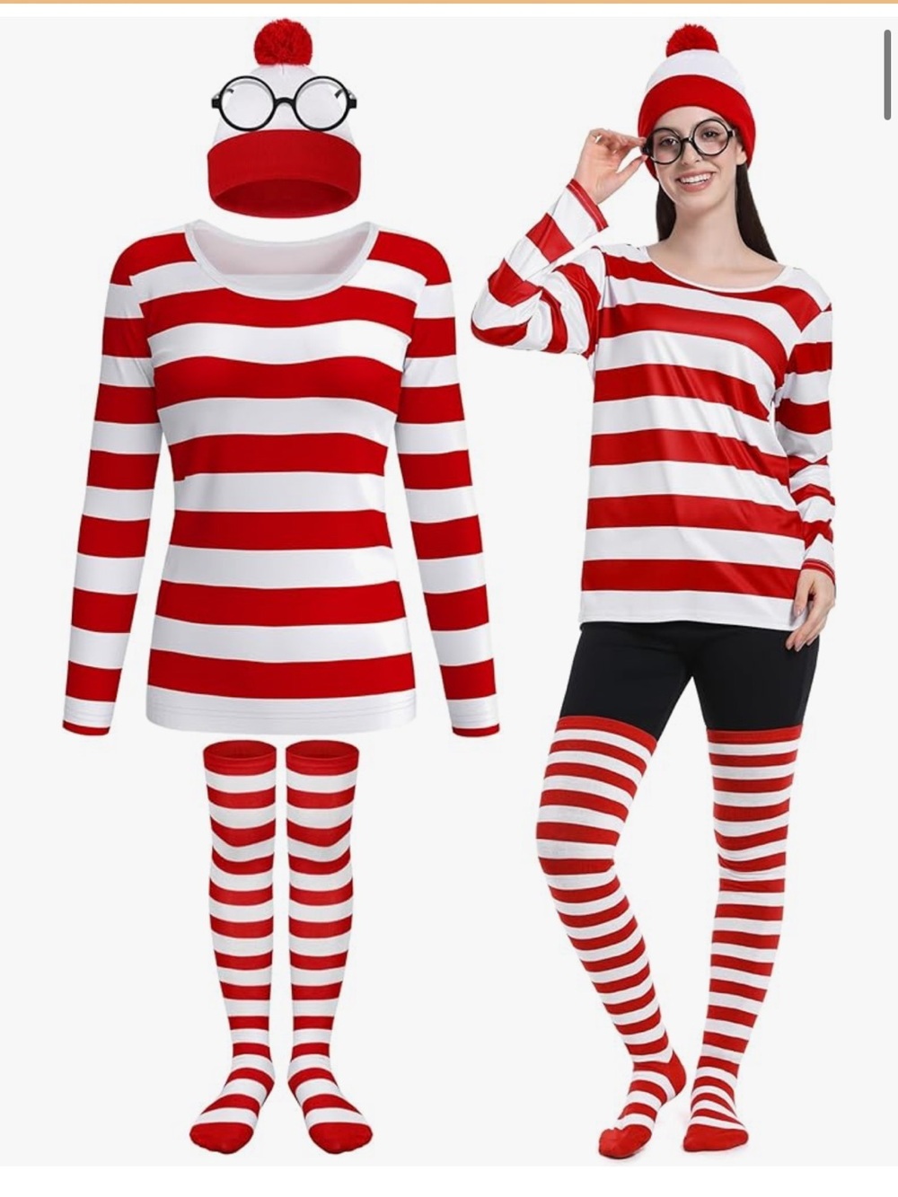 🆕 Where’s Waldo Inspired Cosplay Hat Glasses Striped Shirt & Knee High Socks